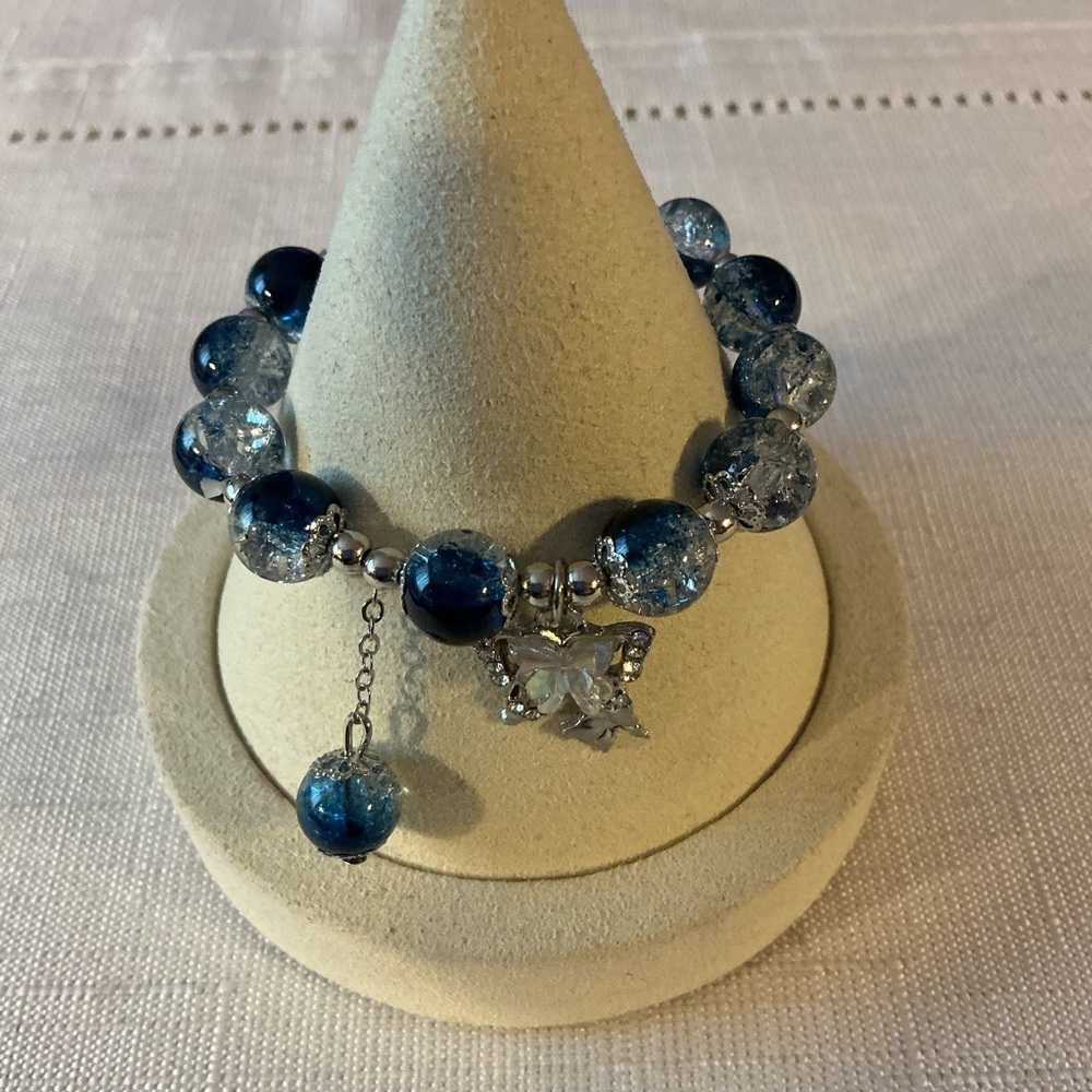Blue Crackle Glass Silver Tone Charm Stretch Bracelet